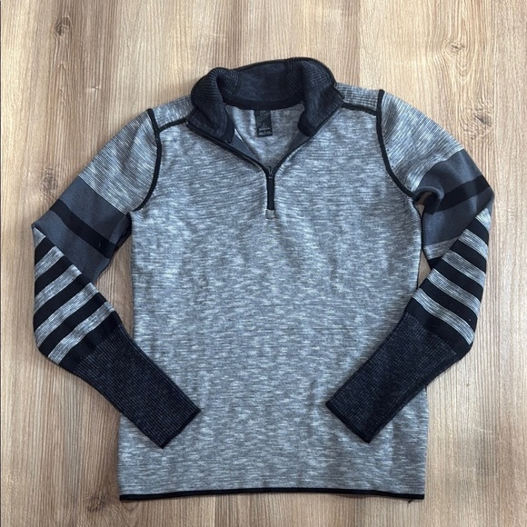 PRANA Tellie Sweater Pullover Charcoal Gray Striped 1/4 Zip Wool Blend Small - Picture 1 of 8